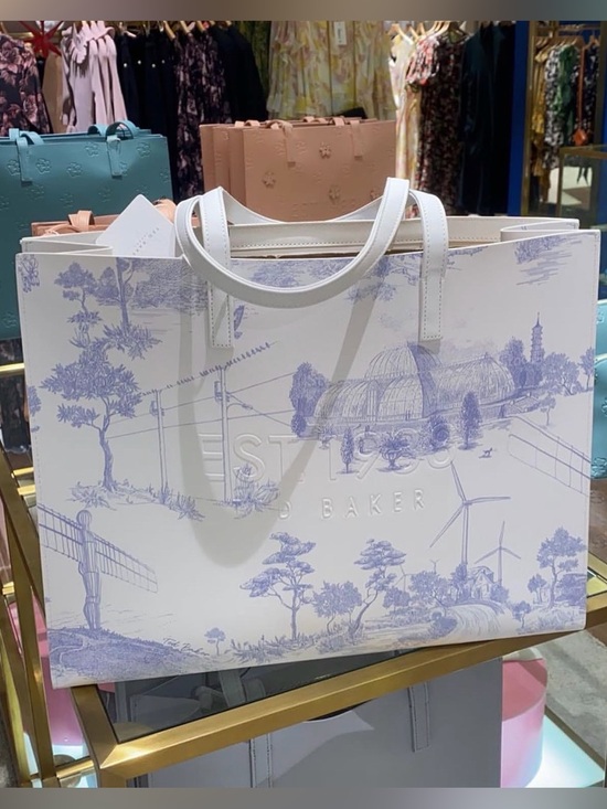Ted Baker Handbags - Ted Baker White Tote with Blue Scenic Print
